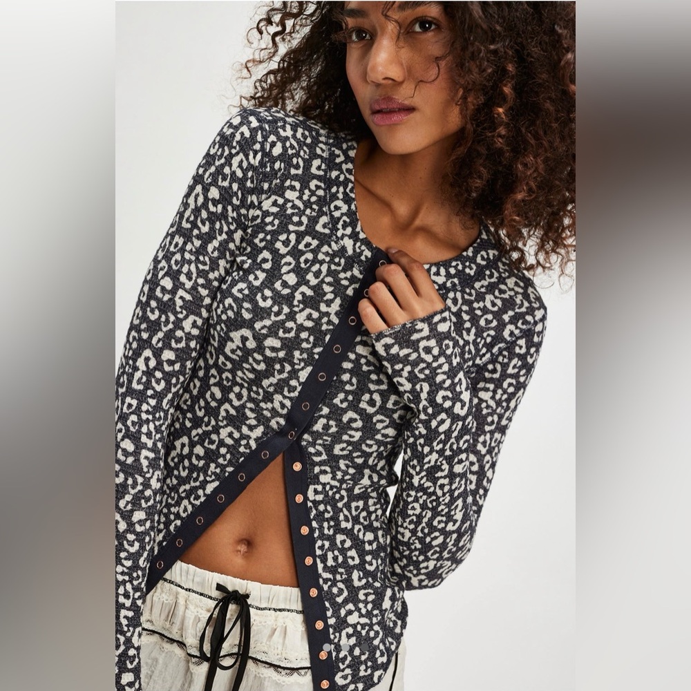 Free People Going Places Printed Cardi Top, Medium, Charcoal Leopard